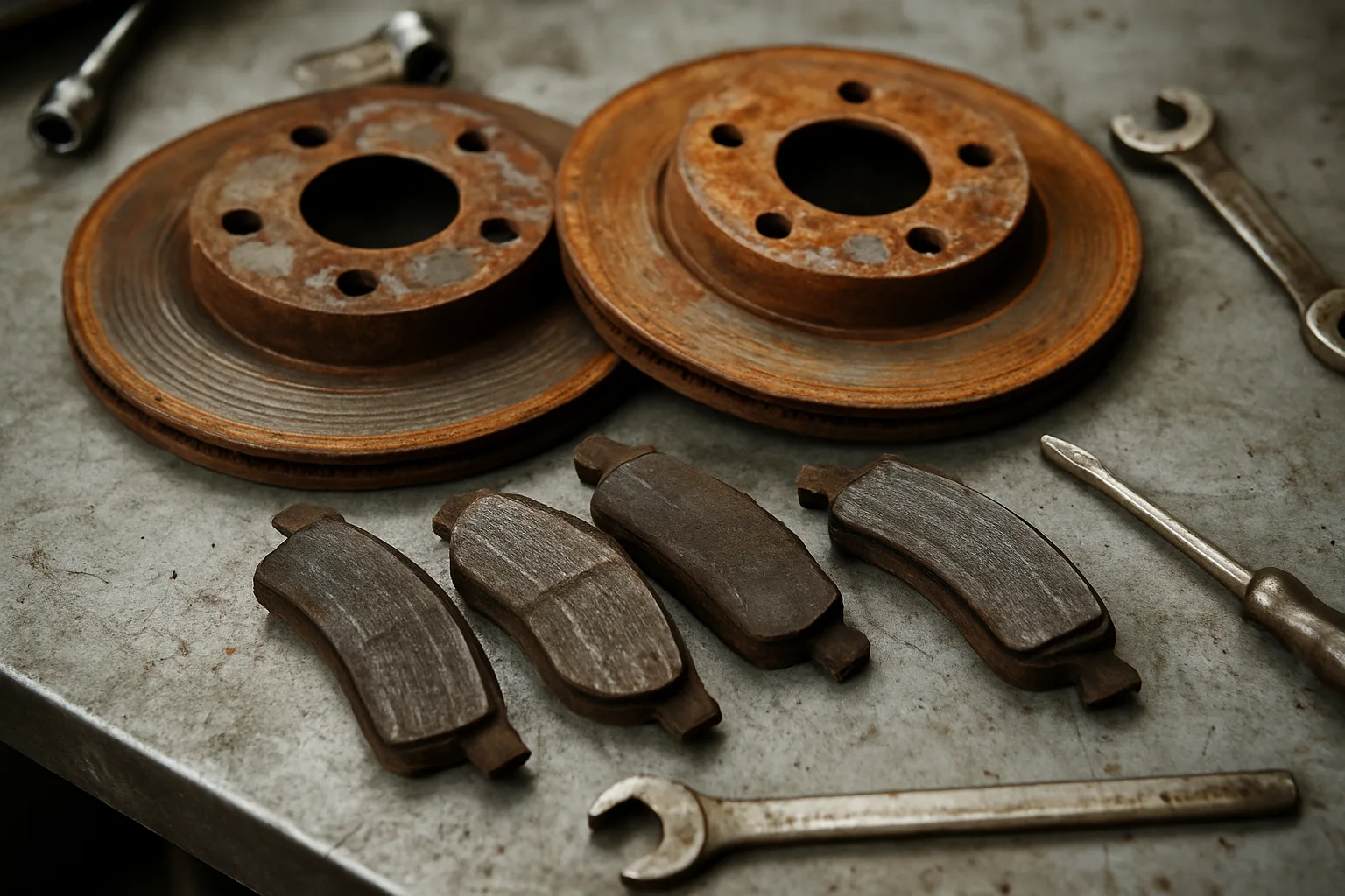 Brake pads and rotors on a work surface