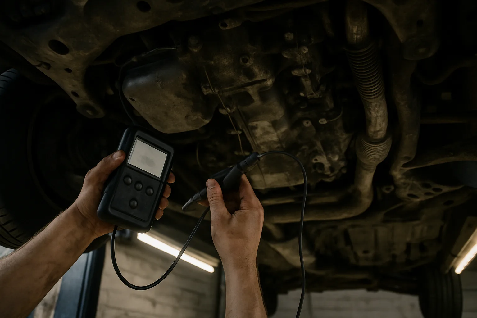 Undercarriage of car on lift with diagnostic work underway